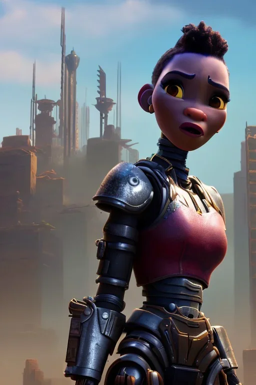 portrait,beautiful african robot, post-apocalyptic in a cyberpunk city, realistic, intriacte detail, sci-fi fantasy style, volumetric lighting, particales,highly detailed,cinamatic, deep