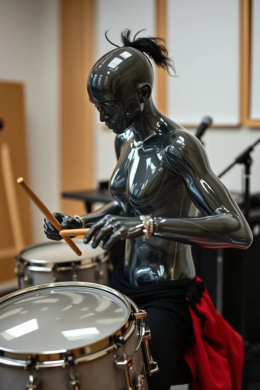 The whole body of Maniquí de glassy Artist mader playing the a hollow Drums , studio gears in the background