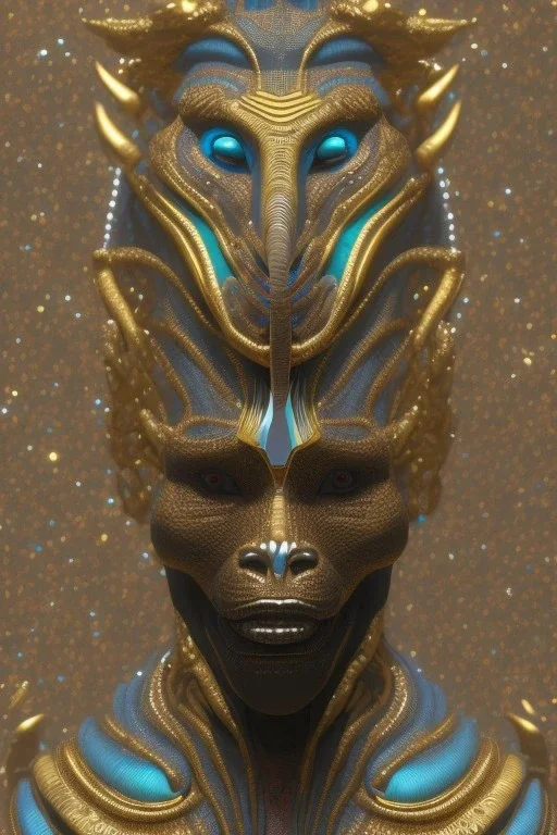 black male African Egyptian alien, cracks in the voodoo head, wicked, eyes, crown, Elephant, 8k, finely detailed, photo realistic, tiger turquoise skull head gold dragon space alien snow skeleton gold gorilla silver crown silver eyes