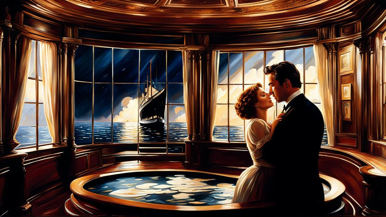 on Titanic, in the luxurious cabin where Jack and Rose share a moment of intimacy. Jack, a talented artist, decides to paint a of Rose in this iconic setting. Describe the scene in detail, capturing the emotions and atmosphere as Jack carefully paints his muse on the canvas.