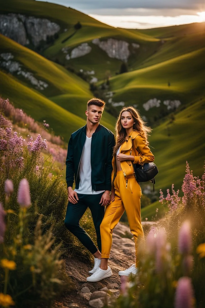 fullbody shot of young-beautiful-girl and boy-with-a-perfect-face-with-make-up-wearing- sport pants and jacket standing ,geen hills ,nice nature environment ,wild flowers,clean water river with colorfull rocks in floor