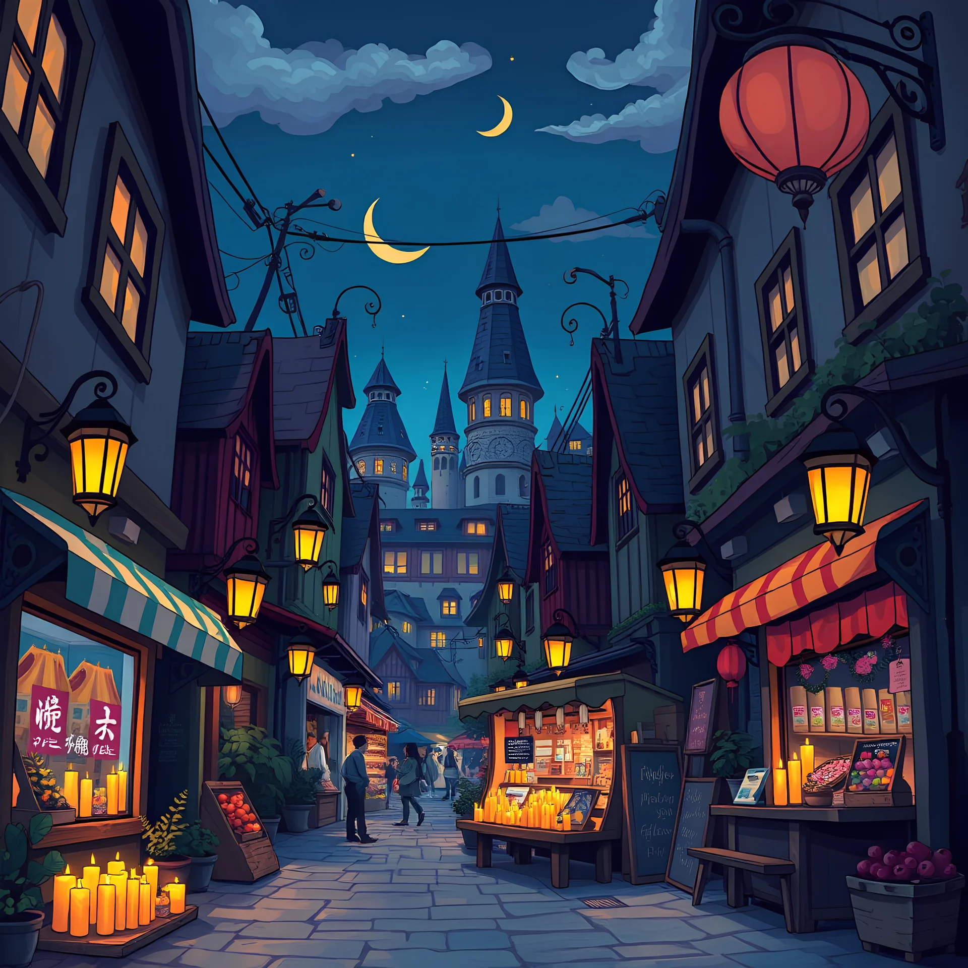 Cartoon whimsical fantasy nighttime city shopping stalls lit by candles and lanterns