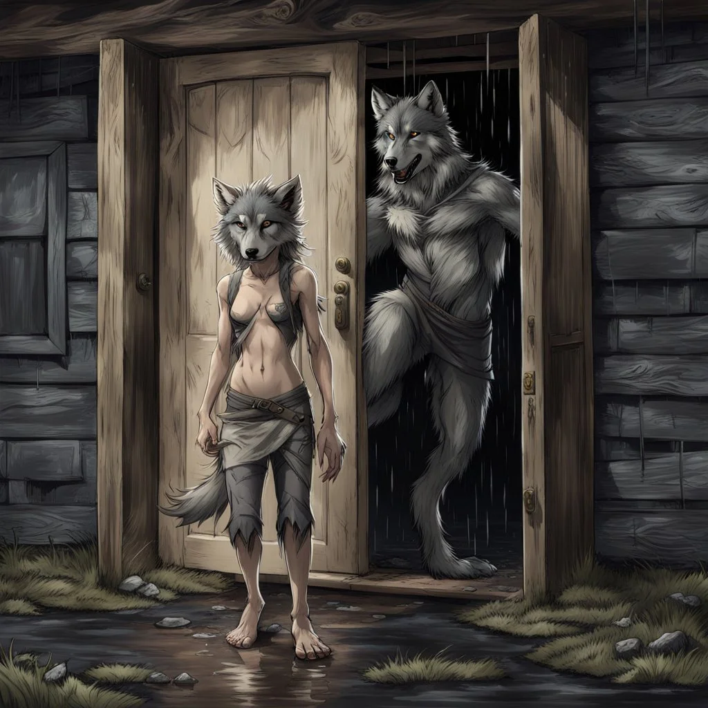 fantasy digital art of a young anthro wolf have gray hairy wolf body gray paws, and wears just a short canvas rag around her waist , she have sadly face in the rain kicked out of the house, falls towards the camera, behind her an tall angry anthro wolf man just in dark gray body hairy kicks she out the door with his foot, behind in rustic halb open door in an massive wooden house, rainy day, detailed, fantasy mood