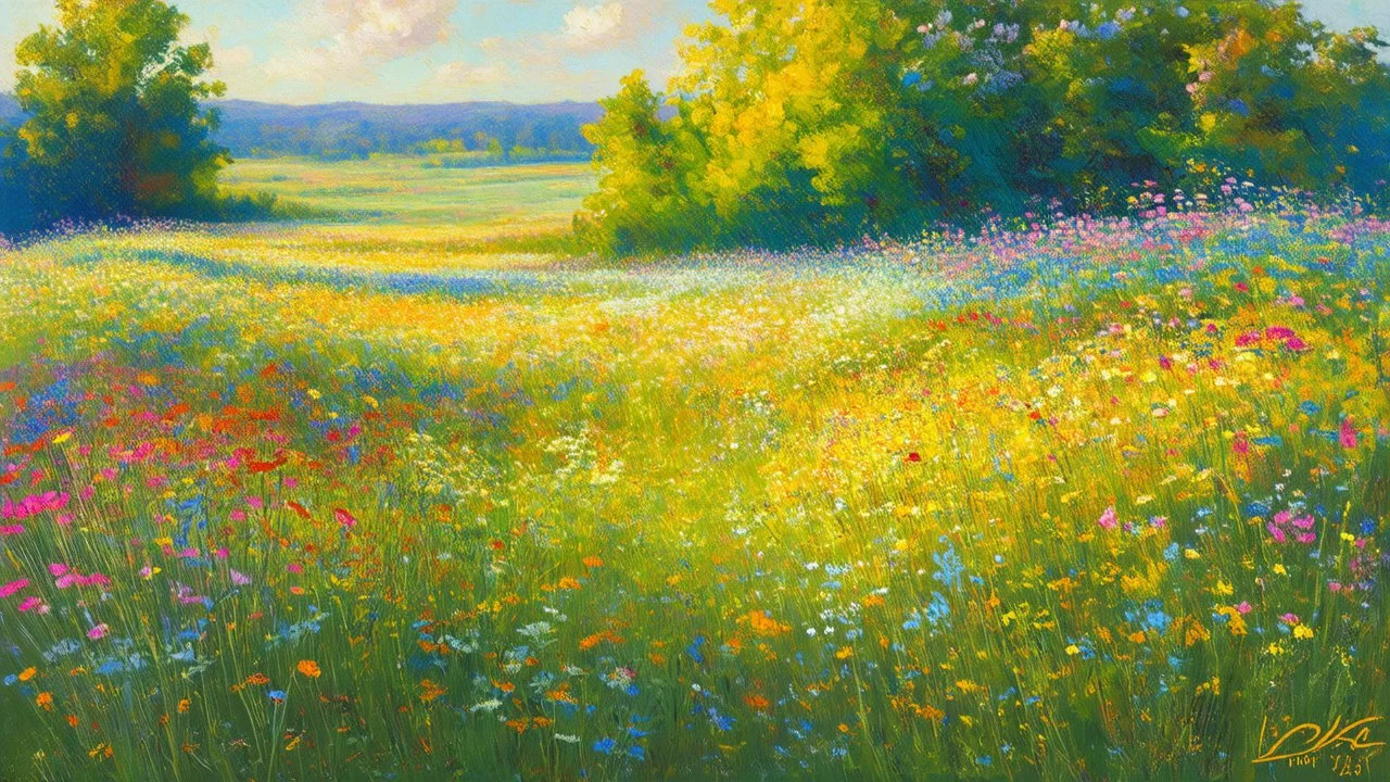 Realistic oil painting of a field of wildflowers, soft natural lighting, vibrant colors, intricate details by Thomas Moran and Claude Monet (wide shot), peaceful and serene atmosphere.