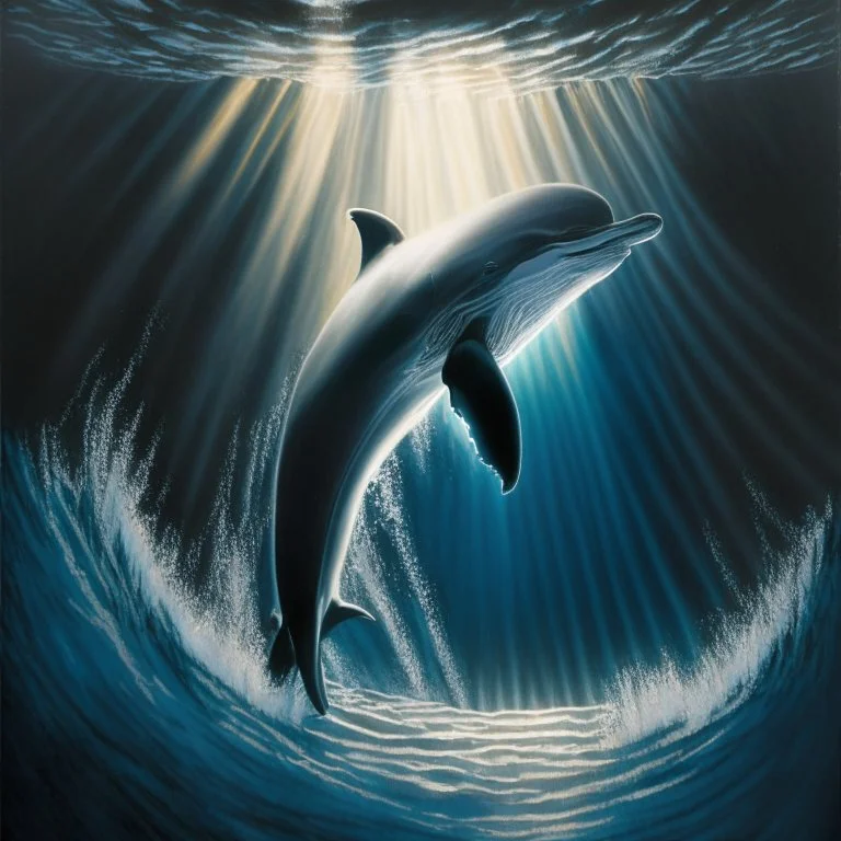 A dramatic, chiaroscuro-style acrylic painting of a powerful dolphin hunting its prey in the depths of the ocean, with stark contrasts between light and shadow to emphasize the intensity and raw beauty of the scene