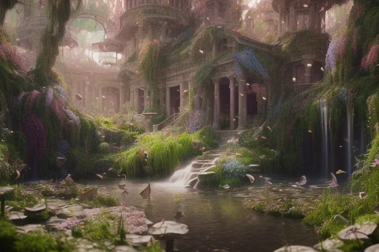 beautiful hyperrealistic secret flower garden in the middle of temple ruins, water fountain, birds flying, highly detailed, digital painting, trending artstation, concept art, illustration, cinematic lighting, vibrant colors, photorealism, epic, octane render