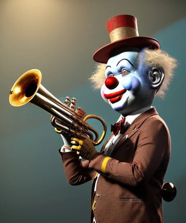 mechanoid happy friendly fat clown playing jazz with a steampunk theme, trumpet, realistic