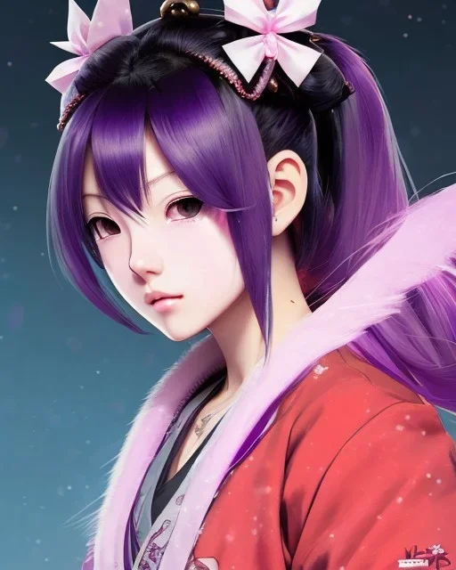 Detailed cute anime Kunoichi girl, purple hair buns, purple bangs, Christmas jumper, intricate details, full body portrait, keep head in frame, slight smile, black Japanese motif, concept art, highly detailed, digital painting, concept art, sharp focus, illustration, art by Yoji Shinkawa, WLOP and greg rutkowski and alphonse mucha and artgerm and yanjun Chen and Junji ito and Makoto Shinkai, HDR, octane render