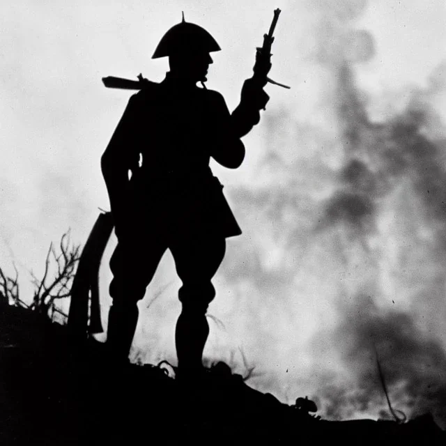 The silhouette of a WW1 Era Soldier looks at a battlefield that is on fire