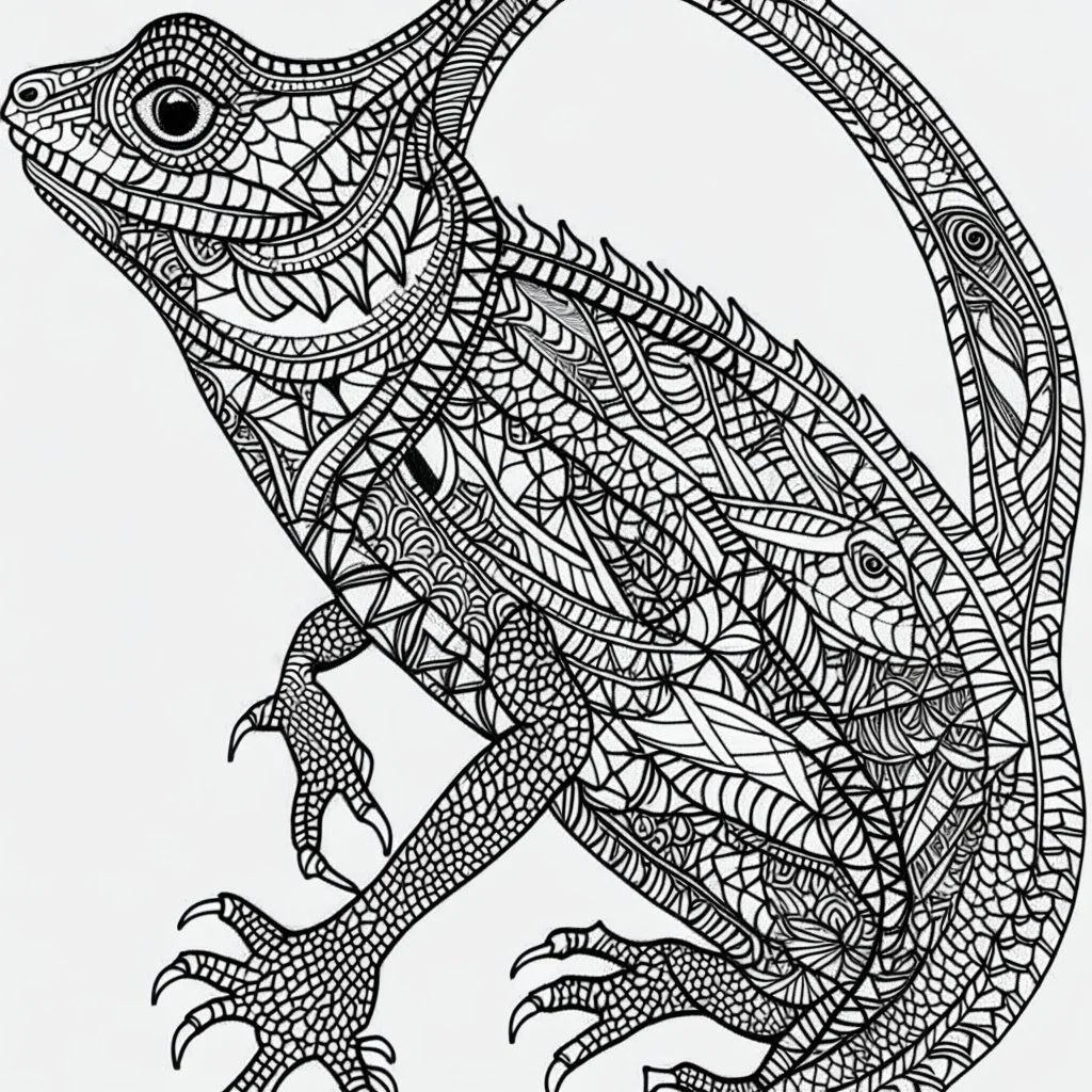 Lizard, mandala, minimal lines, cartoon, white back ground color, real style, realistic, minimalistic, minimal black line art, line art, crisp line art, unique coloring sheet, outlined, outline, crisp, crisp line edges, illustration, thin lines, crisp clear lines, line art, clean line art, unique, 8k, amazing, masterpiece, no colors, no dark color, no black color, avoid thick black, minimalistic line edges, pure white back ground, image character full fit to page,