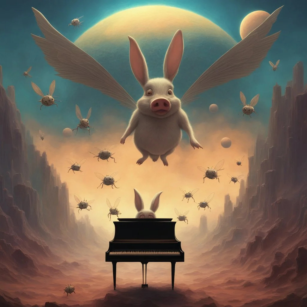 monochromatic bugs bunny composer piano, diffrent planet, one swine pig piggy flying wasp angel, beksinski style daker theme