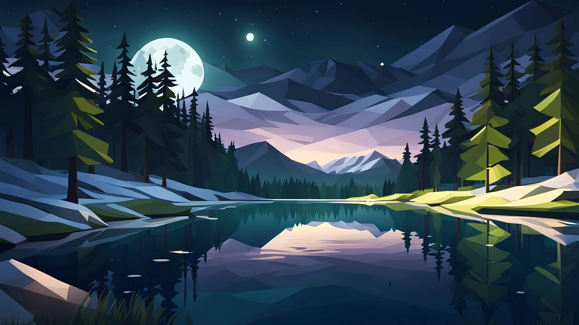 spring night, Boreal Forest,lake, valley,moonlight,low poly,reflections,dramatic scene