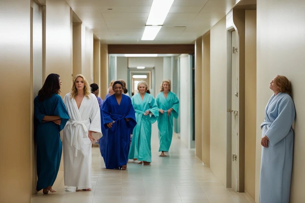 women waiting in corridor of a shooting they are in bathrobe