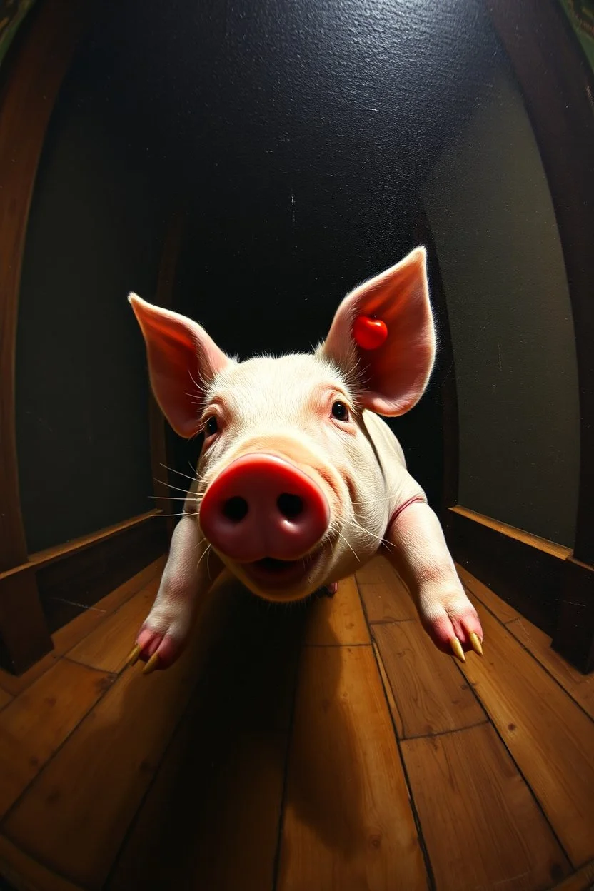 pin hole cam, master oil painting by Rembrandt, marsipangris løper panisk fra stor stor munn