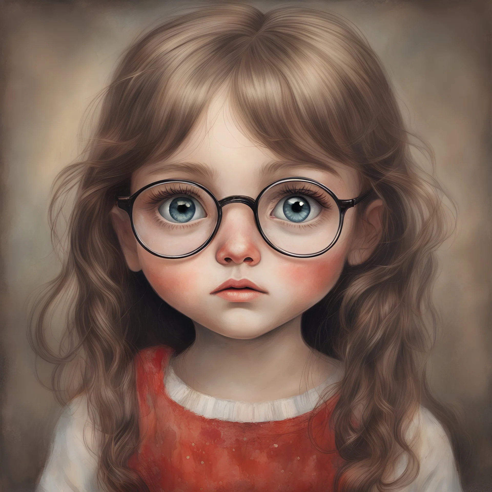 Little girl , in the style of Margaret Keane, long hair, ,very huge damp eyes, large vintage glasses, close up, very long eyelashes, freckles, red nose