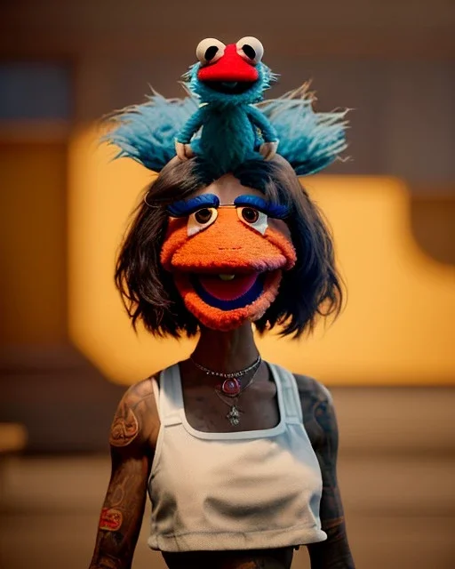 hybrid character, waitress sexy woman with monster muppet mask that covers her entire head, tray, old school tattoo, retro style, Sesame Street style, smooth, unreal engine 5, god lights, ray tracing, RTX, lumen lighting, ultra detail, volumetric lighting, 3d.