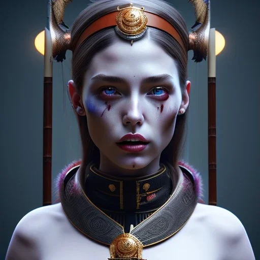 British woman, rounded face, blood, black, flower, leaves, samurai helmet, decorative color feathers, retro, bamboo, leather, soft color, highly detailed, art stations, concept art, smooth, unreal engine 5, god rays, ray tracing, RTX, lumen lighting, ultra detail, volumetric lighting, 3d, finely drawn, high definition, high resolution.