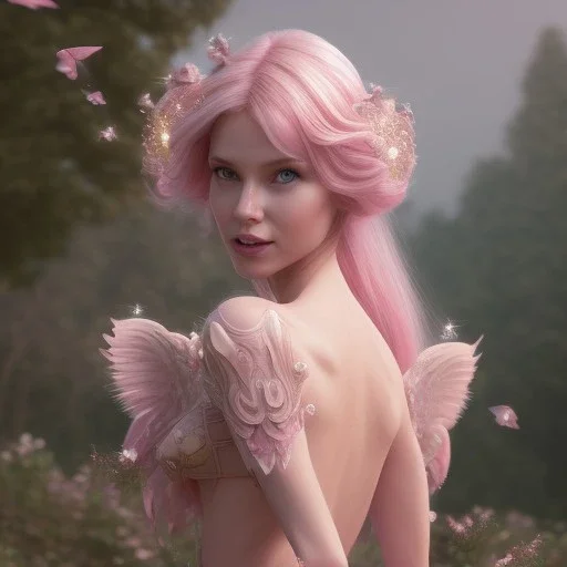 a pink castle, a cheerful fairy in front, big smile, pink, blonde hair, beautiful, whole face, whole top hair head, wide open blue eyes, transparent wings onn the back, hyperrealism, masterpiece, expert, cinematic lighting, sharp focus, 8K, pastel, macro lens, woman, detailed, flower