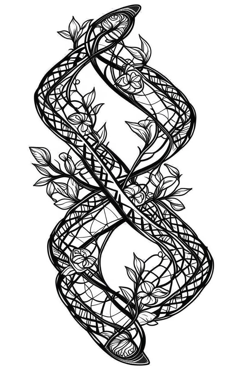 dna with flowers idea, line art, background, vector, svg, black outline on white background, leave plenty of white space beetween lines for coloring, tattoo style, tattoo idea,full body, minimalist