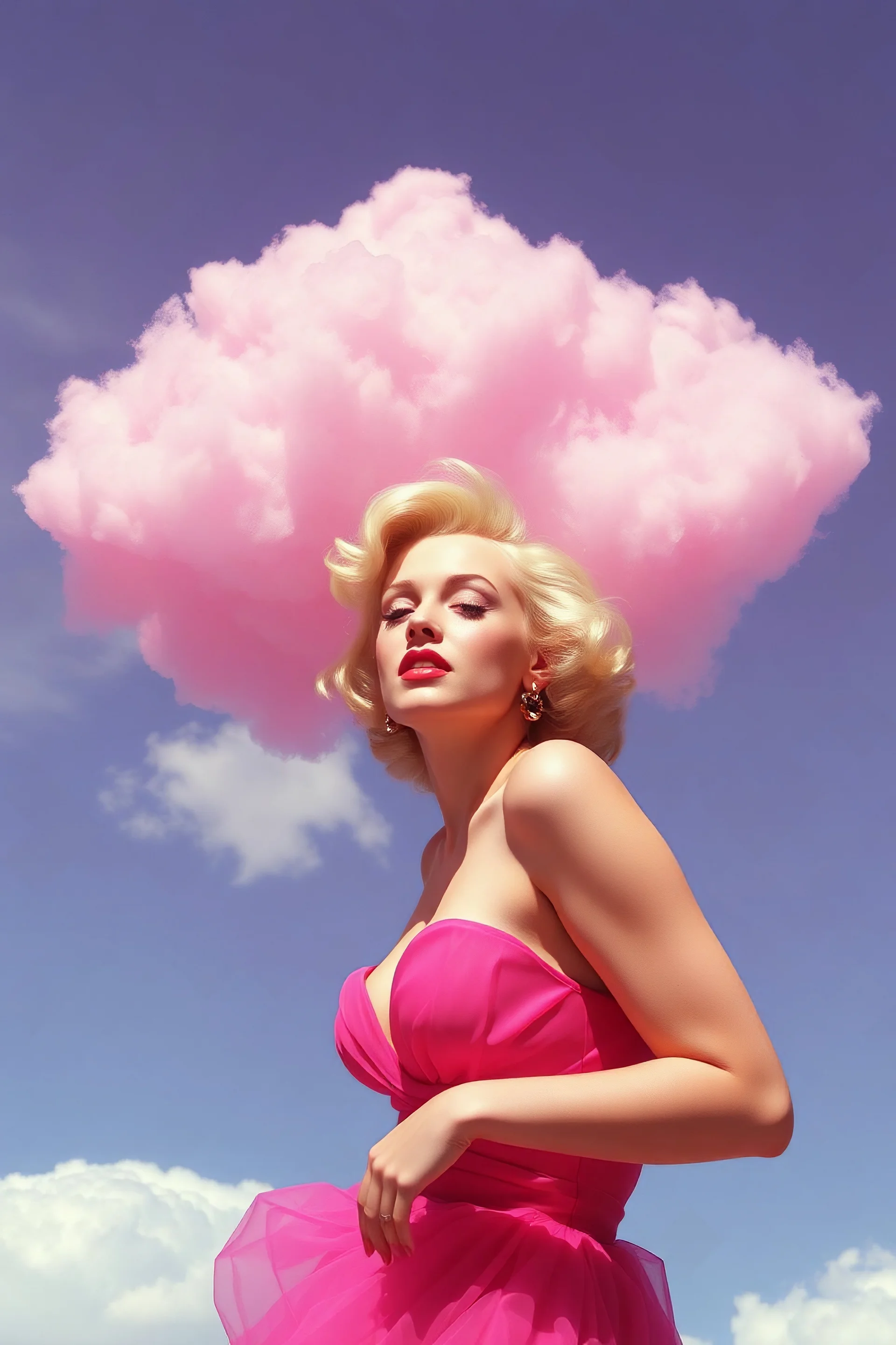 A plastic pink cloud floating through marilyn monroe
