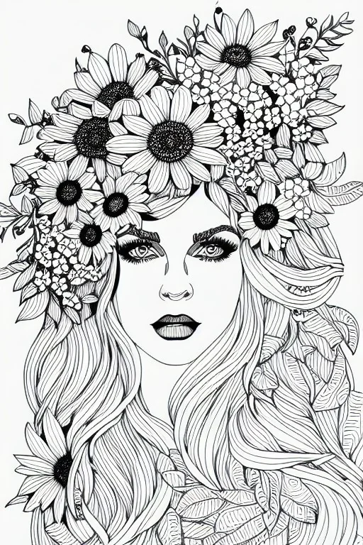 hyper detailed, black and white, thick line, coloring book illustration, lineart, stunningly beautiful woman in flowers