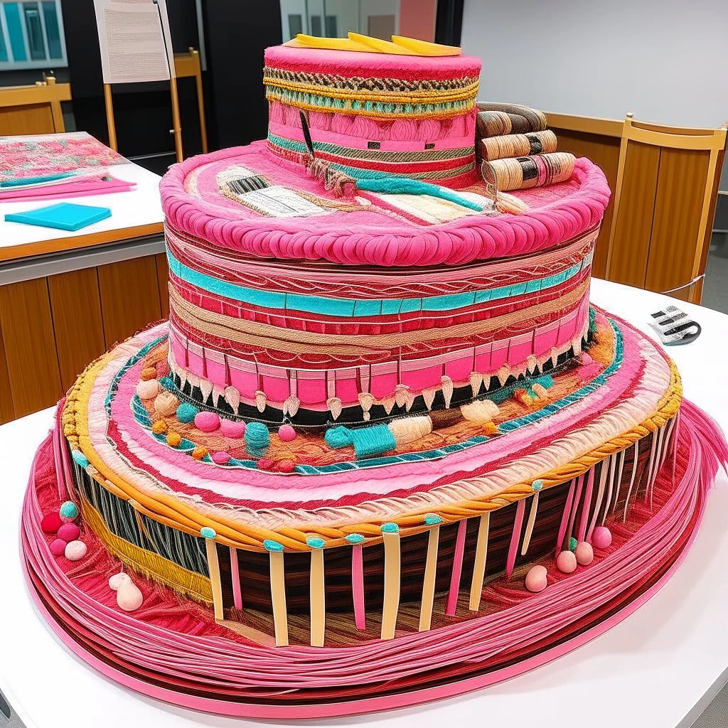 A giant pink cake filled with musical instruments designed in Navajo yarn