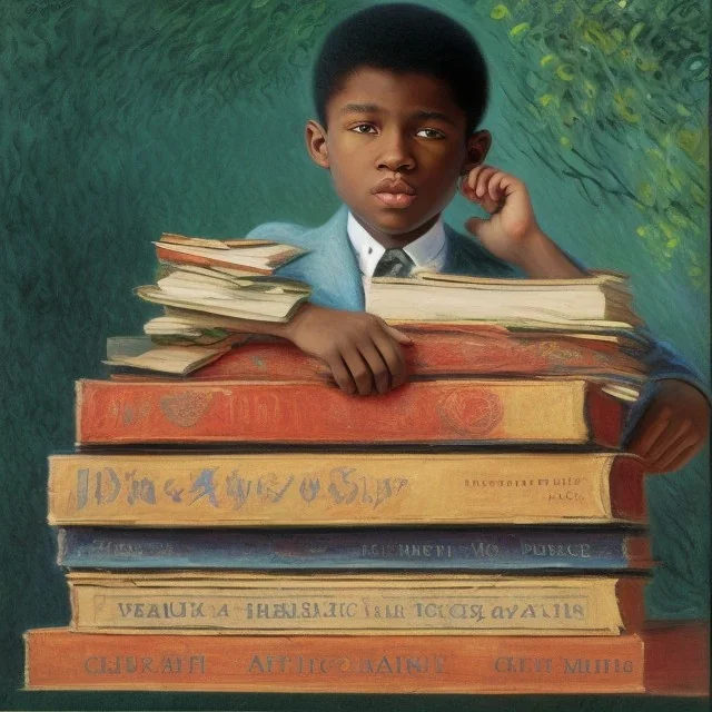 Smart African American young boy on pile of books by Monet