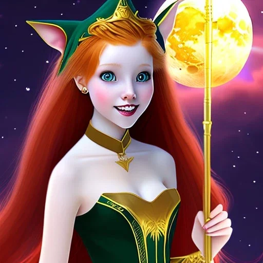 Attractive teenage girl with red hair and golden highlights, who is dressed like a witch casting a spell with a quarterstaff on the moon, she has ginger cat ears, green eyes looking at the moon, has a normal nose, background is realistic space, the girl is on a planet, goth girl dress, full body portrait, arm colors gradient effect into stars, rendered, unity 3d, unreal engine, dslr, hdr, 4k, edited, photorealistic, normal number of appendages, freckles, artists rendered