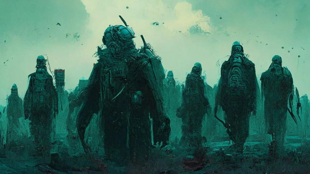 Army of the dead marching, post apocalyptic Harsh clothing, ((holographic grunge cyborg robot army)), RAW, gritty, high exposure, high contrast, analog indie horror, (science fiction painting, Simon stålenhag, Denis Sarazhin, Alex Colville, Romain Trystram, Christopher Shy, Alejandro Burdisio, Tye Martinez, ominous sky), metaphysical art, obscured, RAW, GRITTY, dread, retrospective art, dusk, low light, techno gothic, narrative art