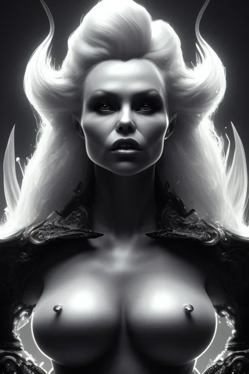 Pamela Anderson as evil queen in black leather, leather, busty, cleavage, angry, stern look. character design by cory loftis, fenghua zhong, ryohei hase, ismail inceoglu and ruan jia. unreal engine 5, artistic lighting, highly detailed, photorealistic, fantasy