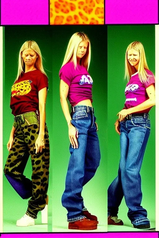 year 1996 denim fashion. Loose fit, low waist, baggy, Combat pants and t-shirt. Colors: denim blue, blue, purple, khaki, light green, lilac, plum, orange, terracotta, red, pink, dark blue, beige. Women models. Patterns: cheetah, balls, stripes.Jennifer Lopez, Gwyneth Paltrow, . Big tennis shoes on. Cargo pants. leg warmer