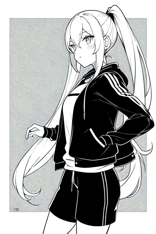 blonde girl with ponytails dressed in a jacket and shorts walks proudly, greyscale