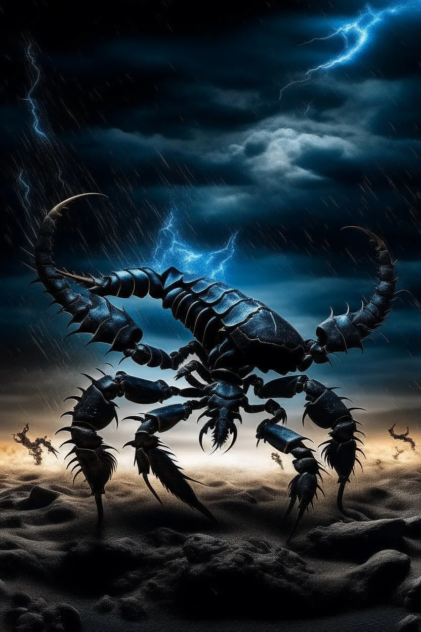 Black emperor Scorpio emblem on a burning landscape background With its Tail curled up behind his back ready to strike and from claws grasping under a storming sky with blue lightening striking around it