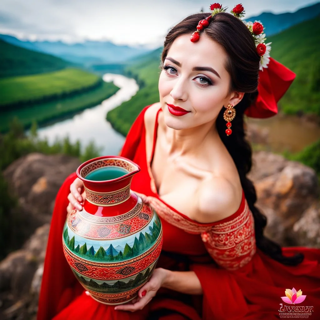 a woman in a red dress holding a vase, creative colorfull - makeup, with professional makeup, hand built ceramics, very very very beautiful face , nice country side with hills ,waterfall over a river with clear water,girls with perfect pretty face in folk costums and a jar, filling their jugs with water and some of them leaving while carring there jugs in there shouldes and 1beautiful girl with jug in shoulder in closeup , very nice mountains at distant, nice clouds in sky ,wide green field wi