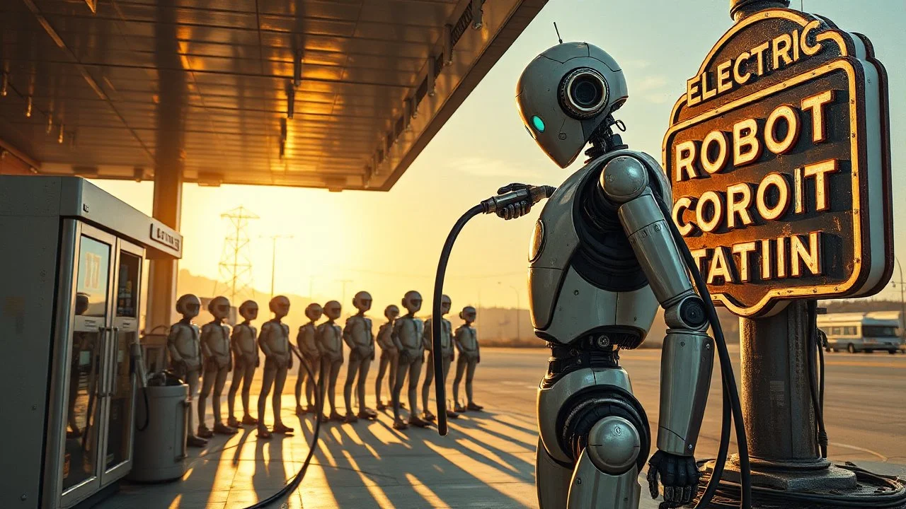A cinematic wide-angle oil painting of a humanoid robot plugging a thick electric charging cable into its torso port at a futuristic charging station within a retro-style gas station. A long line of identical humanoid robots stands patiently behind, waiting for their turn to recharge. A large vintage-style sign to the side reads 'Electric Robot Charging Station.' The scene is bathed in golden-hour lighting, with rich, noisy colors, expressive thick brushstrokes, intricate steampunk elements, glo