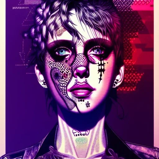 singer Danish MØ face, punk, hyper detailed, intricately detailed, illustration by <kilian eng> <Yoji Shinkawa>, purple tones,
