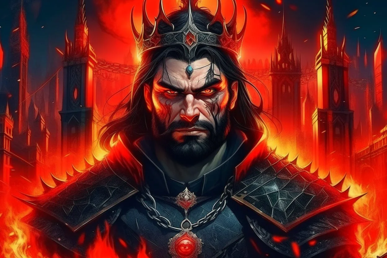 Portrait roi demon conquerant cyberpunk, cheveux noirs, barbe, yeux rouges, porte une couronne en feu, battiments union europeene en feu arriere plan