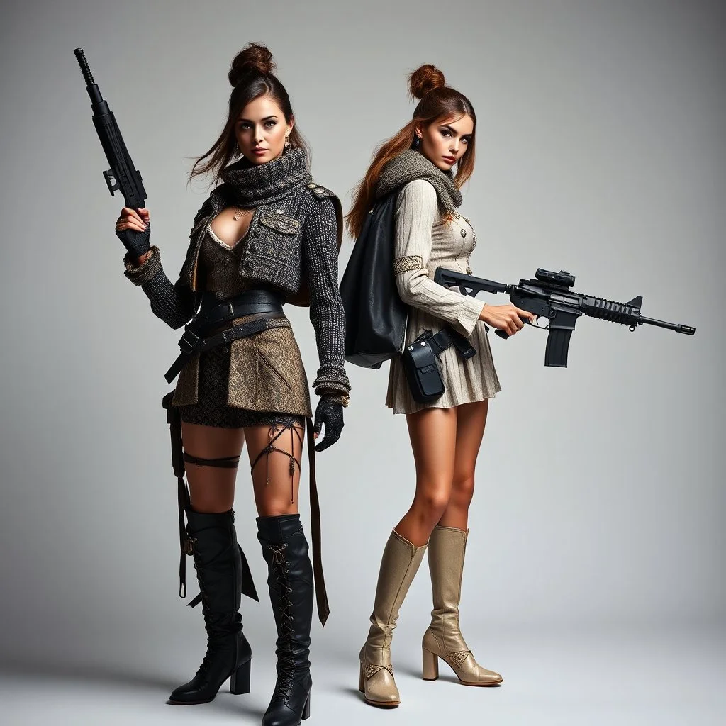 Female fashion models with weapons.
