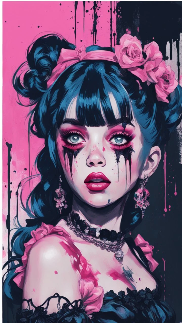 Poster in two gradually, a one side malevolent goth vampire girl face and other side the Singer Melanie Martinez face, full body, painting by Yoji Shinkawa, darkblue and pink tones,