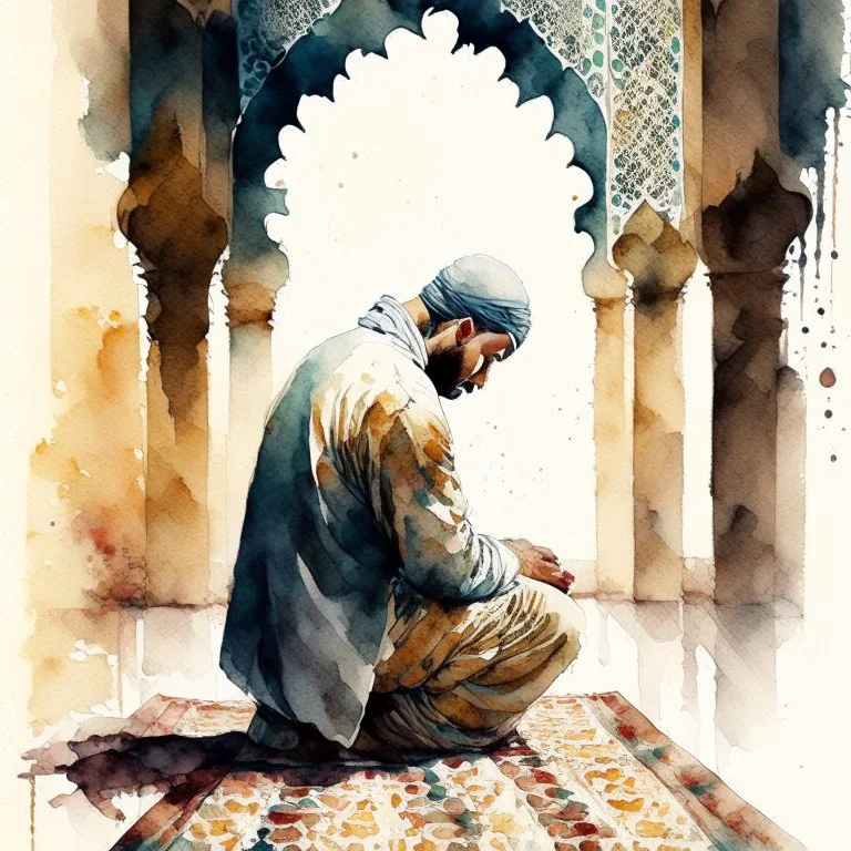 A man is praying namaz with background of islamic pattern, detailed, ultra fine brush use, watercolour painting