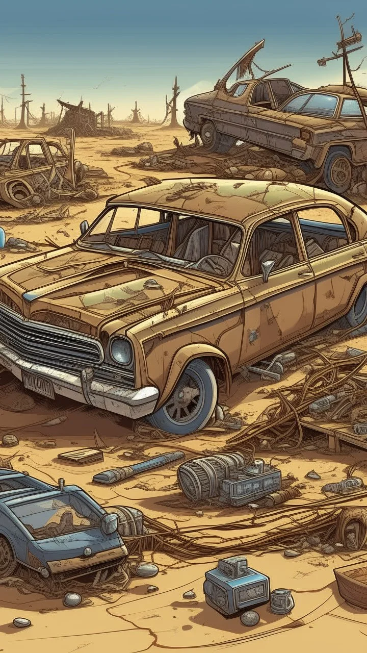 Fatal Order in a junk art style. Make me a picture of an old car The car is surrounded with junks in the desert