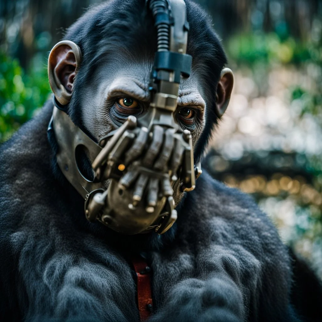 Cyborg Ape, breathing device, gas mask, respirator Christopher Nolan, Dystopian, Extreme depth of field, bokeh blur, Alberta, all-natural, in the style of candid, imperfection, natural lighting, Fuji Film, Anamorphic lens