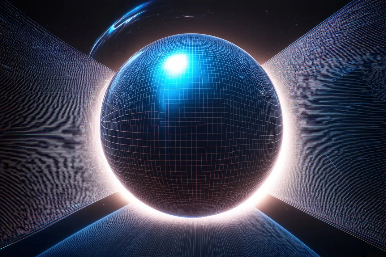 a small outer sphere containing a much larger inner sphere, defying normal 3D physics; outer sphere small, semi-transparent; inner sphere enormous, glowing, higher-dimensional containment, warped space around the spheres with curved grids, bending lines, and flowing light paths, illustrating space-time distortion, dramatic lighting, amazing reflections, blending realism with abstract, mind-bending geometry