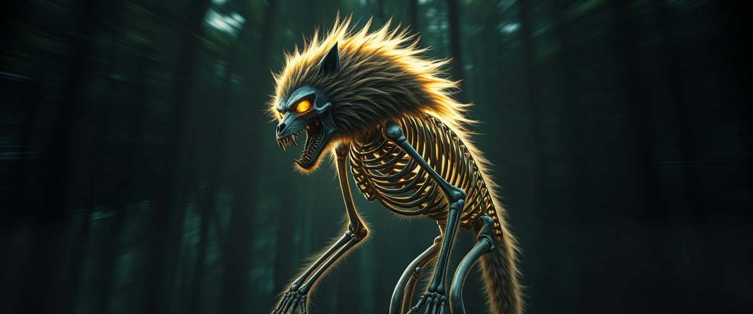 radiant Werewolf Skeleton with lotsa fluffy fur, motion blur background dark forest in the style of giger and Escher