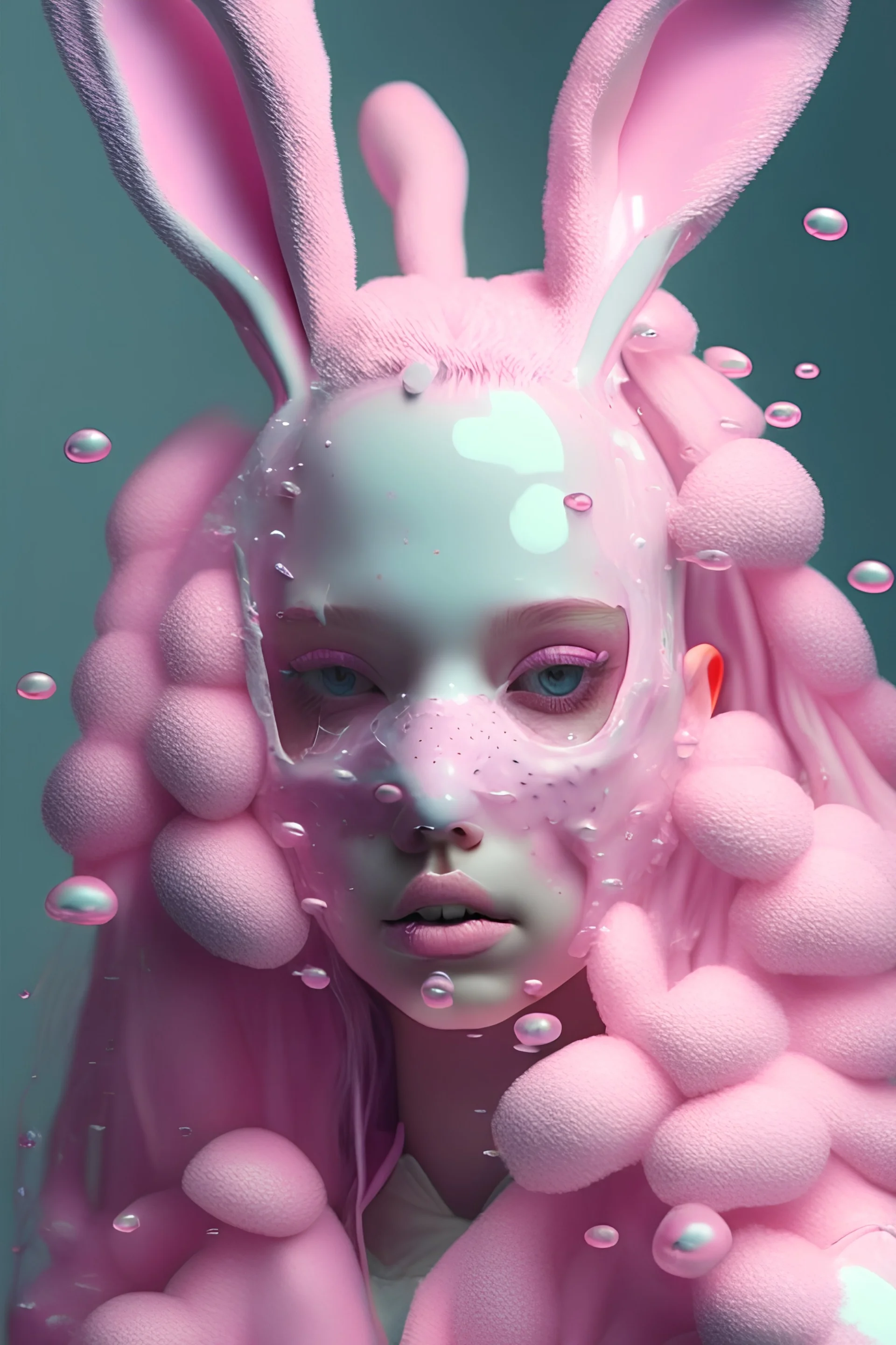 girl, bunny hair, mask slime, out her mind, softpink tones, realistic photograph , 3d render, octane render, intricately detailed, cinematic,