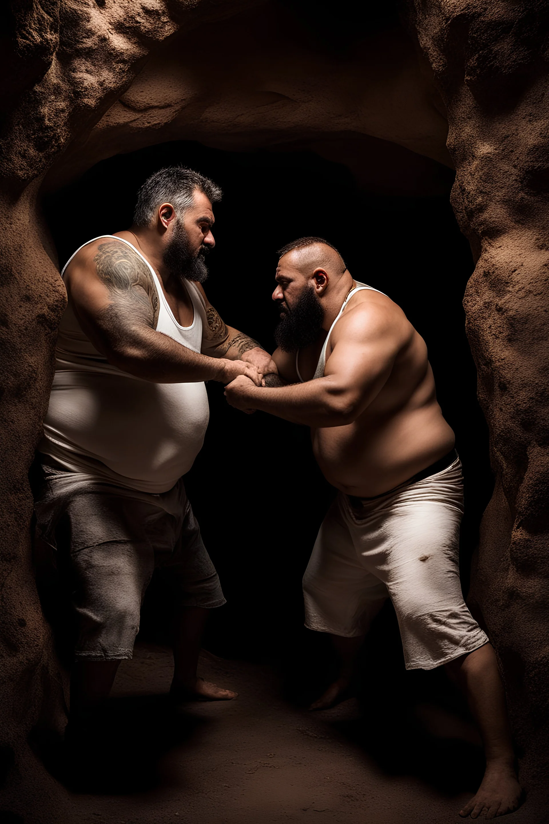 full figure shot photography of two chubby stocky arabs prisoners fighting close, 49 years old in white boxer and dirty tank top, short hair, beard, hairy, sweat, tattoo, in a dark cave, ugly, bullneck, muscular, manly chest, manly arms, emotive eyes, photorealistic, ultradetailed, 32k, ambient occlusion, lit by bonfire, misery and poverty, side view from below