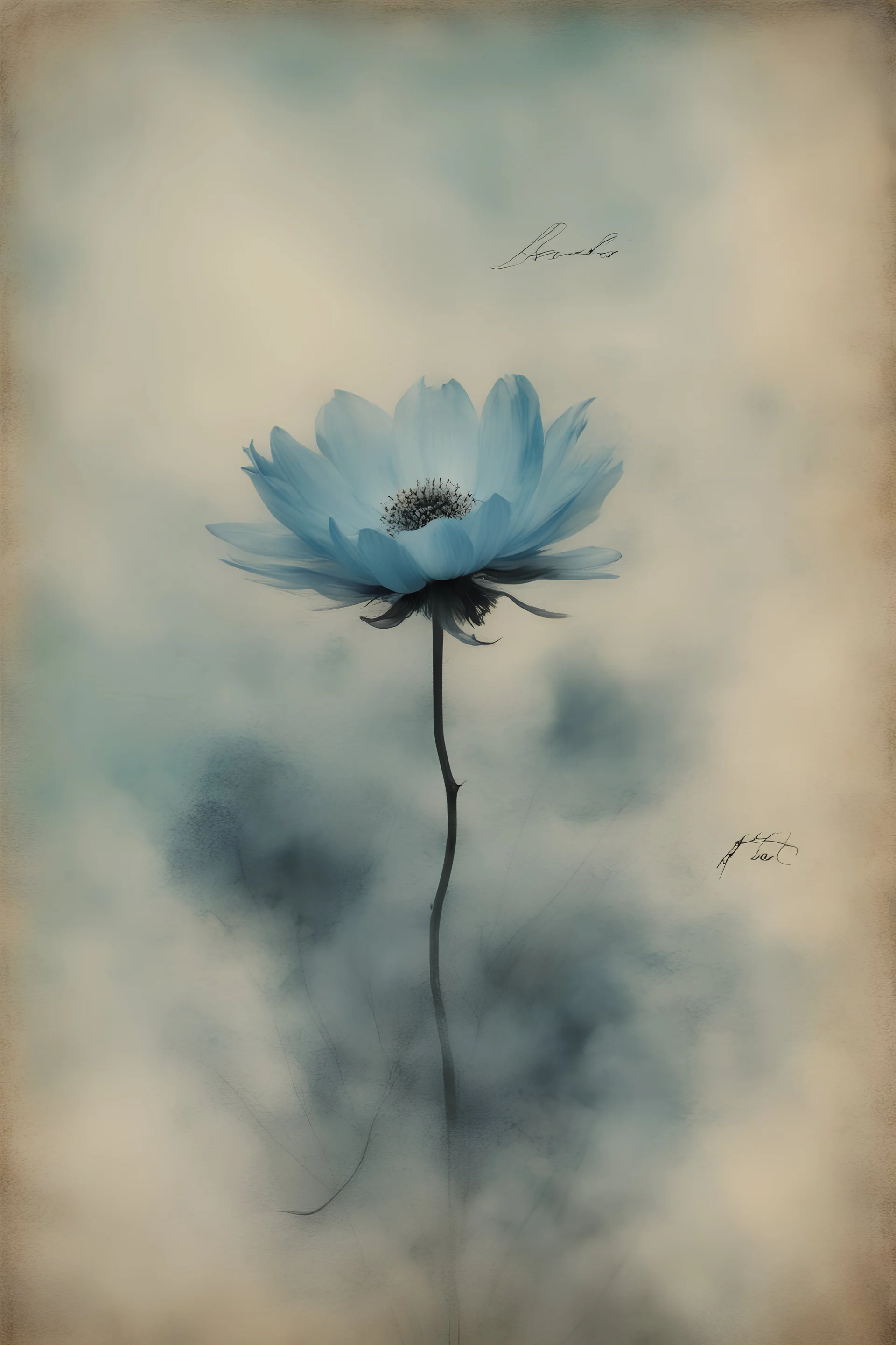 Postcard on an old scratched paper, translucent flower, black handwriting signature, heavenly blue in the background, blur 5%, complex art by Alessio Baldovinetti, by Andy Kehoe, Brooke Shaden, Jan Saudek photography. Extremely dynamic, nature background, vintage. 8k, ink, handwriting, stamped , heaven blue heart