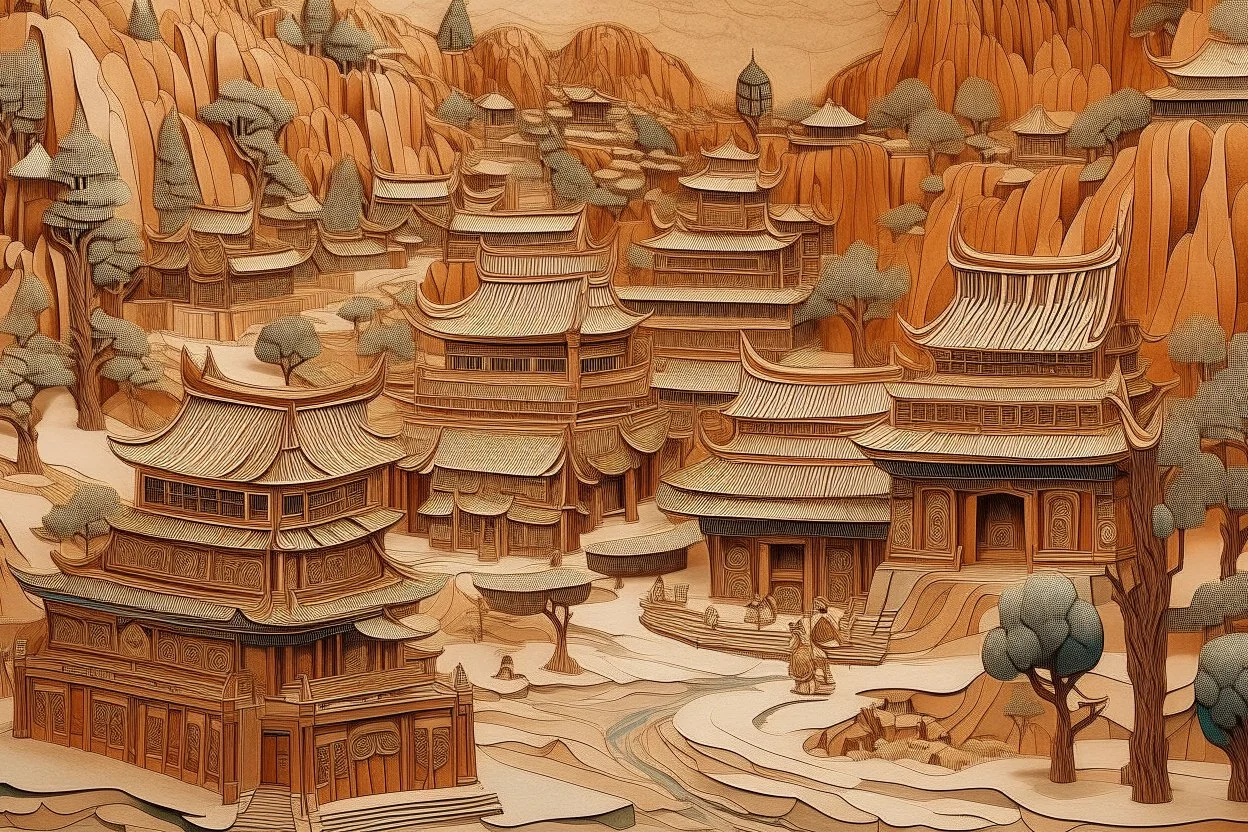 A brown Chinese village near badlands designed in Chinese paper art painted by Peter Carl Faberge