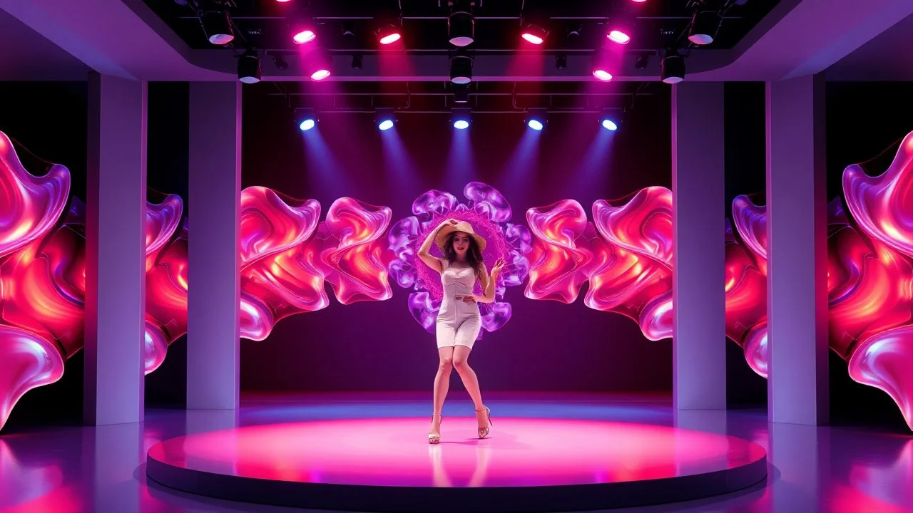 modern stage with a beautiful lady in modern clothing dancing, 3D recursive fractal structure animating background