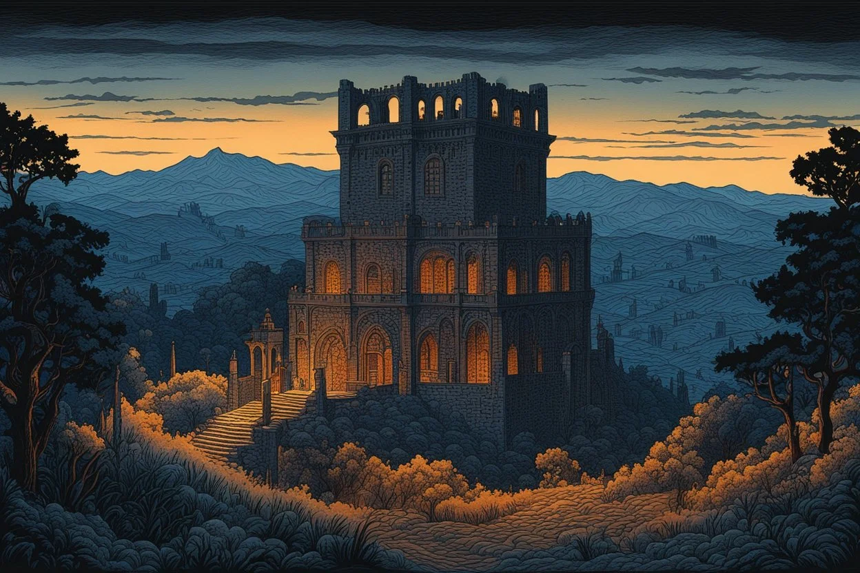 museum quality color woodcut landscape of a dark and foreboding medieval Italian tower house inhabited by vampires, with highly detailed stonework in 10th century Florence , thickly veiled in dense ground mist at midnight, in the style of Gustave Baumann, with a fine art aesthetic, highly detailed, finely cut ,8k render,